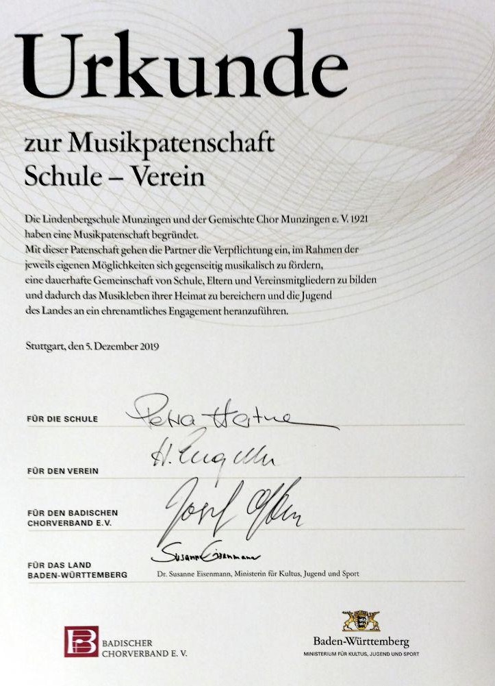 Urkunde Musikpatenschaft
